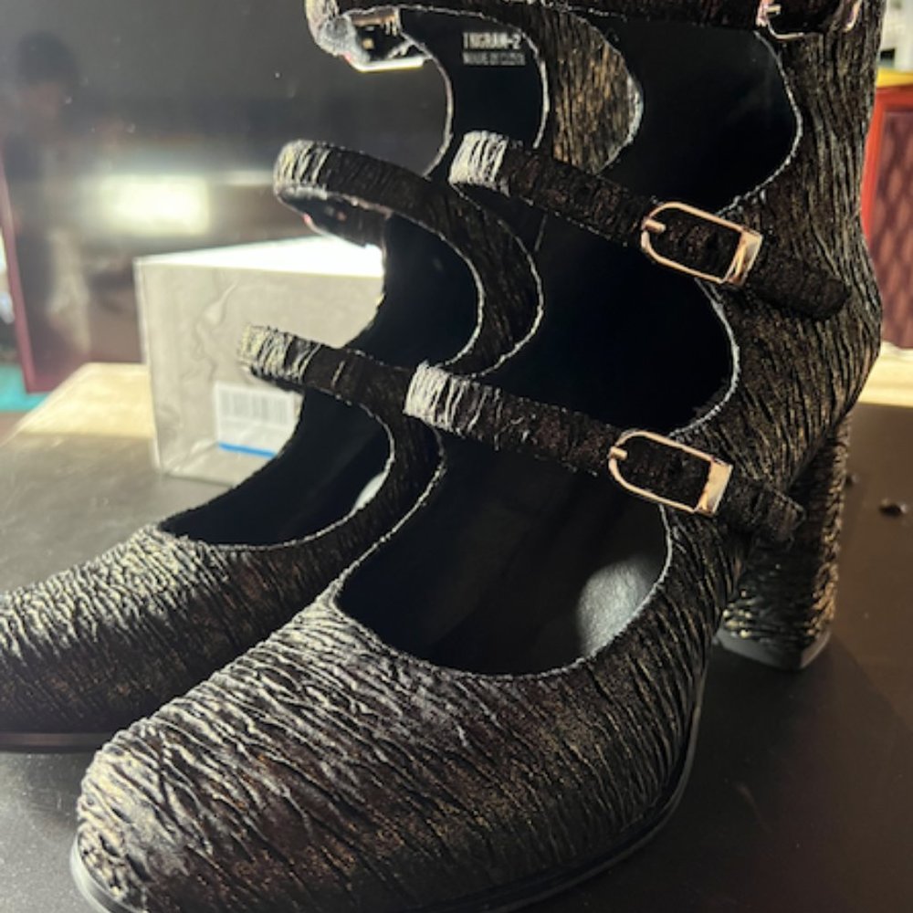 Jeffrey Campbell Holiday Ruched Black & Gold fabric buckle heels